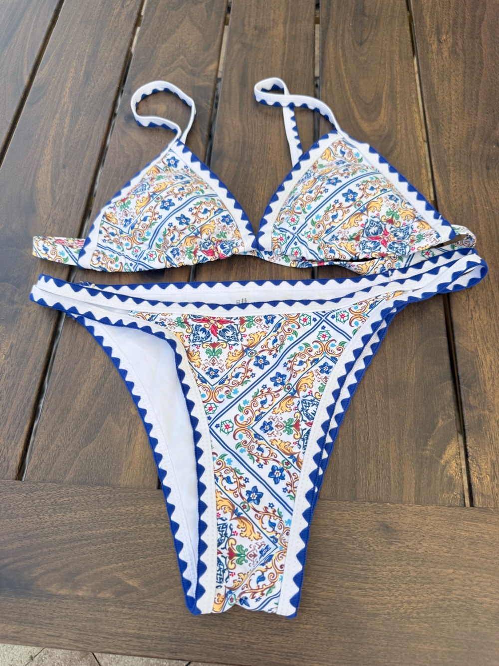 Amazon Women's Bikini Set in White and Blue with Multicolor Tile Motif